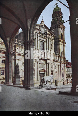 Historical photo of Feldherrnhalle and church Theatinerkirche, Munich, Bavaria, Germany, Digital improved reproduction of an image published between 1880 - 1885 Stock Photo