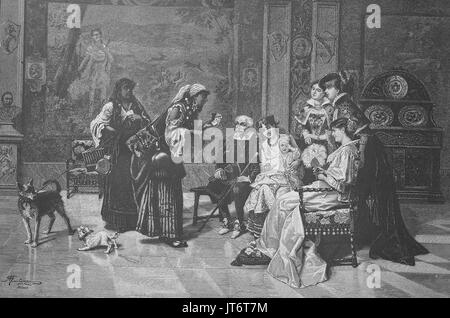 Soothsayer, Gypsy women visits a family, Prophecy by card game, Digital improved reproduction of an image published between 1880 - 1885 Stock Photo