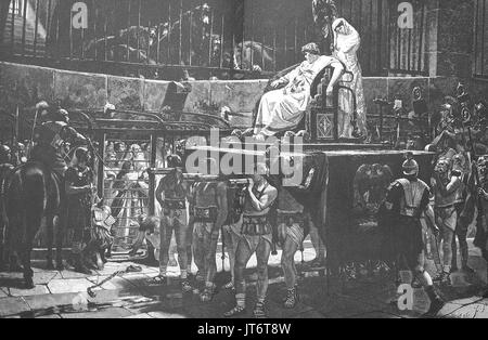 A Roman emperor is carried through the arena by armed forces, inspecting slaves, gladiators, and predators, Rome, Italy, after a painting of Henrie Motte, Digital improved reproduction of an image published between 1880 - 1885 Stock Photo