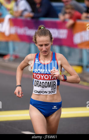 Liliana Maria Dragomir of Romania crossing the finish line at the end of the IAAF World Championships 2017 Marathon race in London, UK Stock Photo
