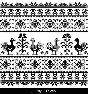 Ukrainian or Belarusian, Slavic folk art knitted black embroidery pattern with birds Stock Vector