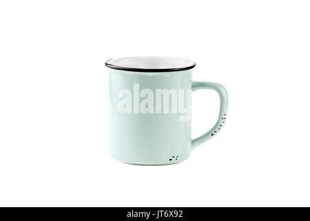 A teal colored enamel coffee cup or mug with copy space for logo isolated over a white background with clipping path included. Stock Photo