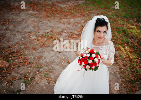 Portrait of a fantastic bride wearing gorgeous wedding dress and veil poses with a bouquet. Stock Photo