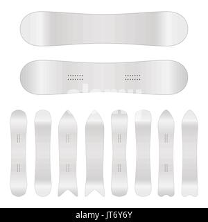 Snowboard Blank Vector. Empty Clean White Snowboards Template. Front, Back Sides. Isolated Illustration. Ski Resort Travel Stock Vector