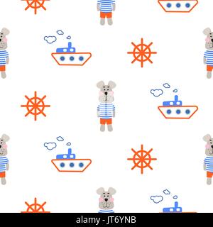 Cute marine baby pattern with sailor boy and wheel. Seamless vector sea ...