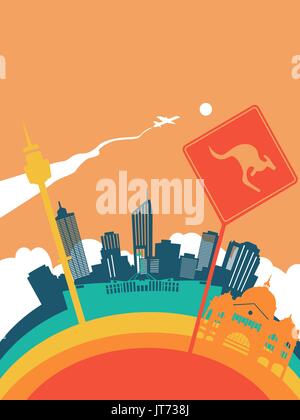 Travel Australia landscape illustration, Australian world landmarks. Includes Sydney tower, kangaroo sign, Melbourne railway station. EPS10 vector. Stock Vector
