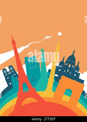 Travel France landscape illustration, French world landmarks. Includes Eiffel tower, Notre Dame church, triumph arch. EPS10 vector. Stock Vector