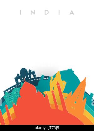 Travel India illustration in 3d paper cut style, Indian world landmarks. Includes Taj Mahal, Shiva statue, Buddhist temples. EPS10 vector. Stock Vector