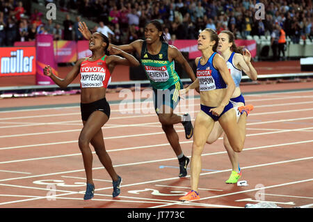 Kenya's Faith Chepngetich Kipyegon celebrates winning the Women's 1500m Final ahead of USA's Jennifer Simpson, South Africa's Caster Semenya and Great Britain's Laura Muir during day four of the 2017 IAAF World Championships at the London Stadium. Stock Photo