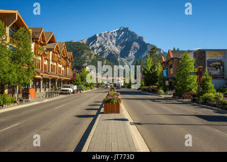 Scenic street view of the Banff Avenue in a sunny summer day. Stock Photo