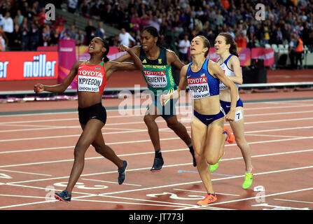 Kenya's Faith Chepngetich Kipyegon celebrates winning the Women's 1500m Final ahead of USA's Jennifer Simpson, South Africa's Caster Semenya and Great Britain's Laura Muir during day four of the 2017 IAAF World Championships at the London Stadium. Stock Photo
