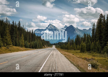 Scenic view of the road and canadian rockies on Icefields Parkway. It travels through Banff and Jasper National Parks and offers spectacular views of  Stock Photo