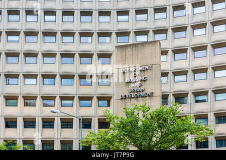 Washington DC, USA - July 3, 2017: Department of Housing and Urban Development in downtown with closeup of sign and building windows Stock Photo