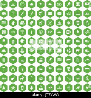 100 North America icons hexagon green Stock Vector
