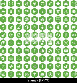 100 nursery icons hexagon green Stock Vector