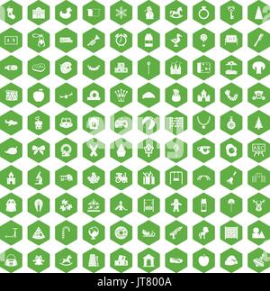 100 nursery school icons hexagon green Stock Vector