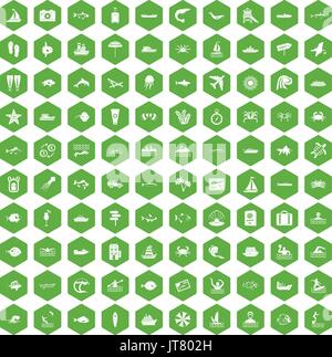 100 ocean icons hexagon green Stock Vector