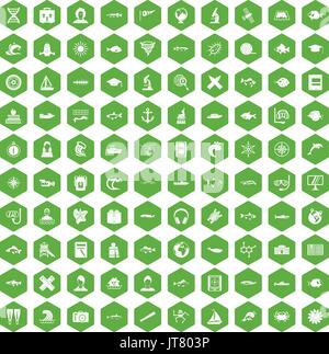 100 oceanologist icons hexagon green Stock Vector