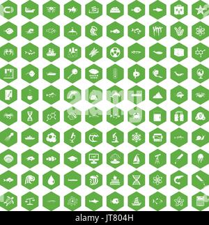 100 oceanology icons hexagon green Stock Vector