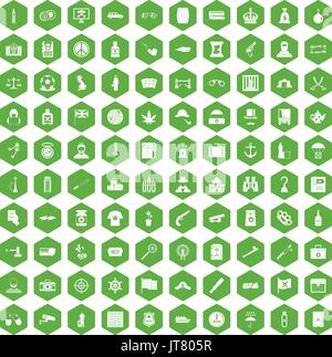 100 offence icons hexagon green Stock Vector