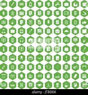 100 office icons hexagon green Stock Vector