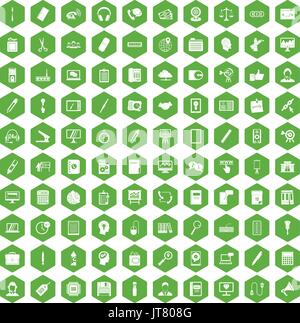 100 office work icons hexagon green Stock Vector