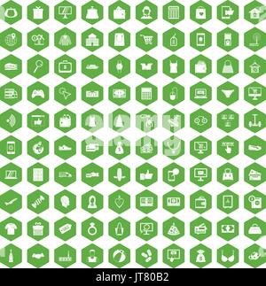 100 online shopping icons hexagon green Stock Vector