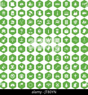 100 pets icons hexagon green Stock Vector