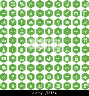 100 plane icons hexagon green Stock Vector