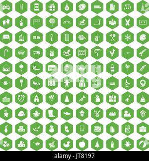 100 preschool education icons hexagon green Stock Vector