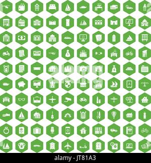 100 property icons hexagon green Stock Vector