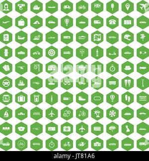 100 public transport icons hexagon green Stock Vector