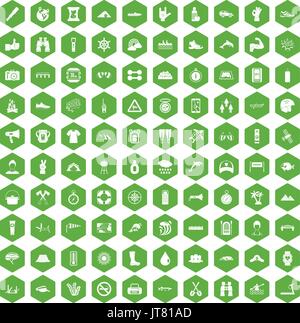 100 rafting icons hexagon green Stock Vector