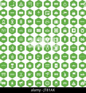 100 railway icons hexagon green Stock Vector