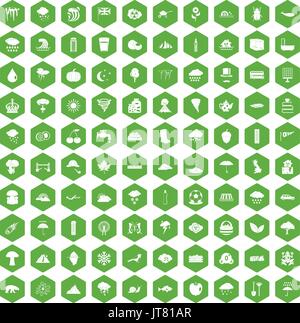 100 rain icons hexagon green Stock Vector