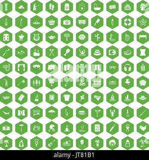 100 recreation icons hexagon green Stock Vector