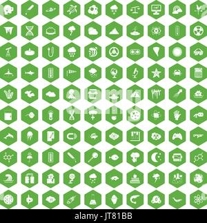 100 research icons hexagon green Stock Vector