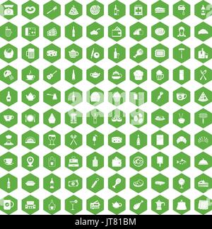 100 restaurant icons hexagon green Stock Vector
