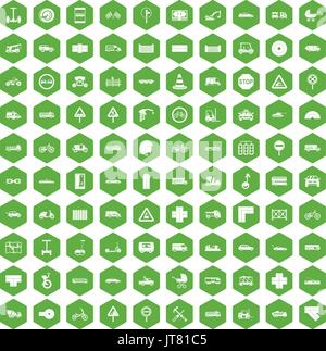 100 road icons hexagon green Stock Vector