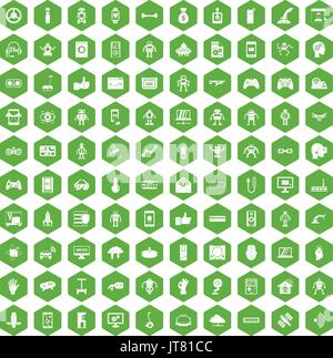 100 robot icons hexagon green Stock Vector