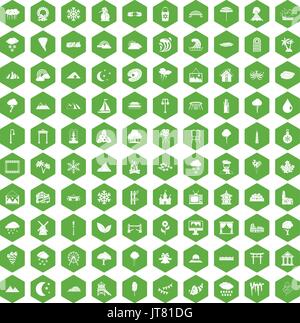 100 scenery icons hexagon green Stock Vector