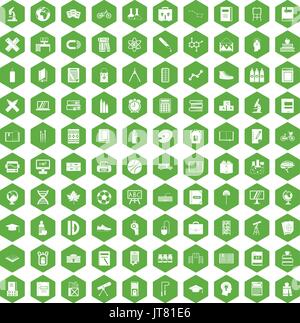 100 school icons hexagon green Stock Vector