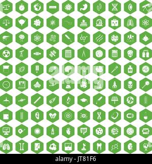 100 science icons hexagon green Stock Vector