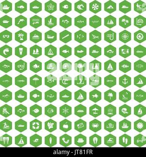 100 sea icons hexagon green Stock Vector