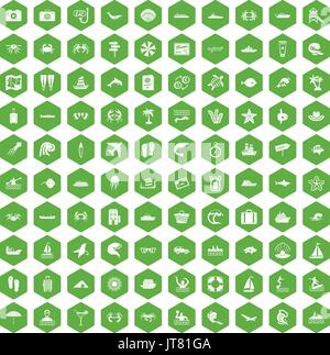 100 sea life icons hexagon green Stock Vector