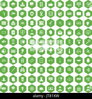 100 security icons hexagon green Stock Vector