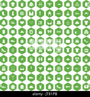 100 sewing icons hexagon green Stock Vector