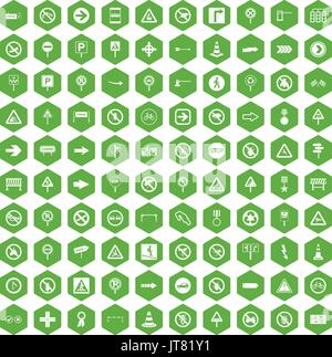 100 road signs icons hexagon green Stock Vector