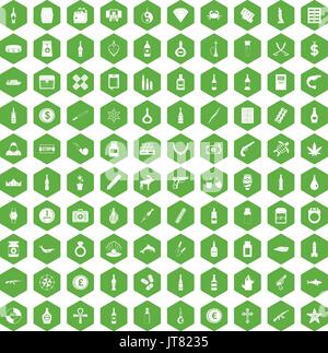 100 smuggling goods icons hexagon green Stock Vector