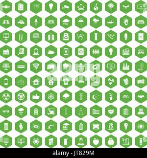 100 solar energy icons hexagon green Stock Vector